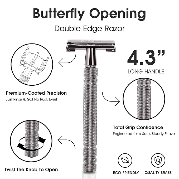 Vintage Classic Double Edge Safety Razor for Men - Weighted Butterfly Open Comb Design with 10 Keropy Extra Blades - Stainless Steel Razor for Close Smooth Shave - Gloss Black Finish