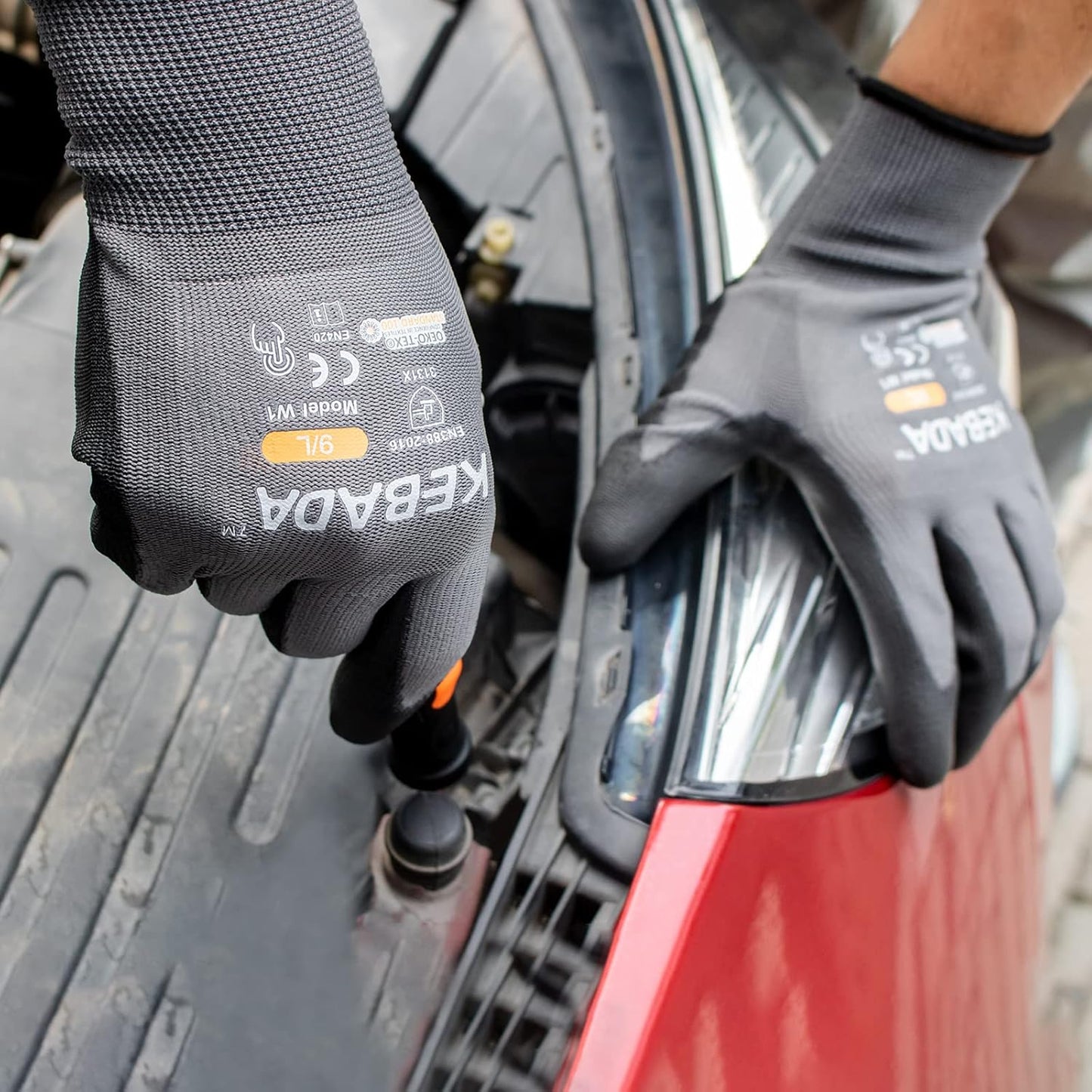 Kebada W1 Work Gloves for Men and Women, Touchscreen PU Coated Gloves with Grip, 50 Pairs Bulk Pack, Ideal for Warehouse Package Handling, Construction, Gardening, Gray XX-Large