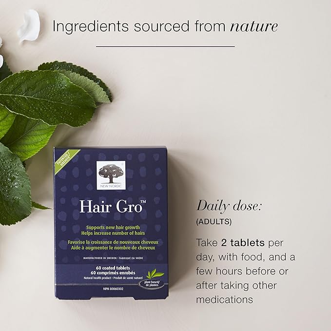 NEW NORDIC Hair GRO, Hair Growth Supplement, Biotin & Palm Fruit Extract Tocotrienols for Natural Regrowth, 60 Count (Pack of 3)