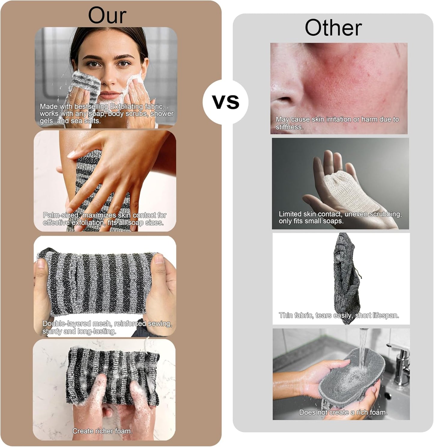 2 Pack Soap Bag Gentle Roughness,Bar Soap Pouch Saver Pocket,Exfoliating Body Scrubber Shower Bath Sponge Loofah (Grey)