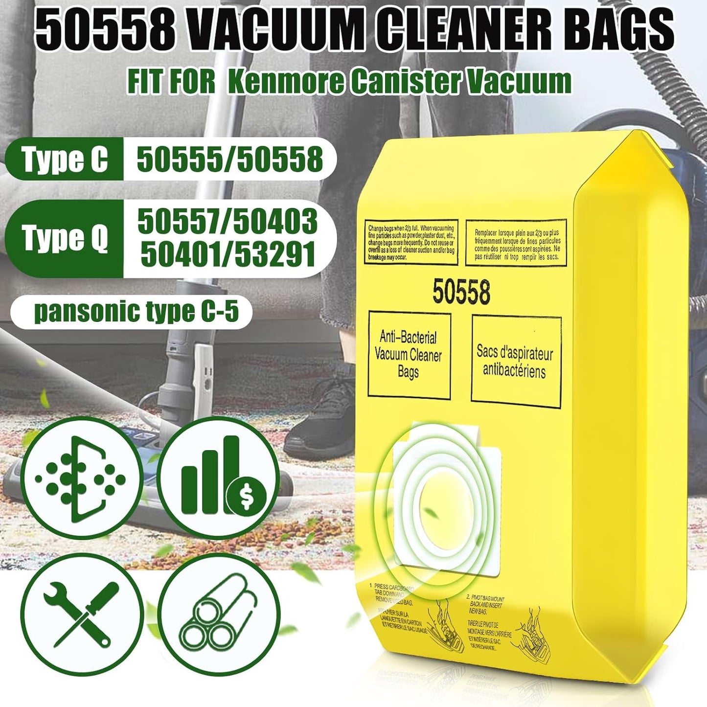 30 Pack Vacuum Cleaner Bags Fit for Kenmore Canister Type C/Q 5055 50555 50557 50558 and Pana·sonic Type C-5 C-18, 200 Series, 400 Series, 600 Series, 700 Series, 800 Series (30 Pack)
