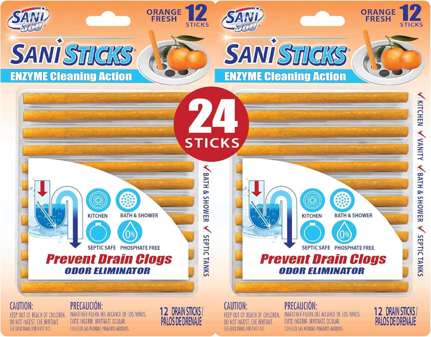 SANI 360° Sani Sticks Drain Cleaner and Deodorizer, 24 Count, Orange Scent Enzyme Pipe Cleaners, Eliminate Odors, Prevent Clogged Drains, Safe for Sinks, Bathtub Drains, Septic Tanks