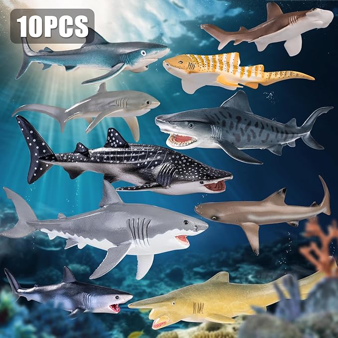 10PCS 5-8" Shark Toys for Toddlers, Sea Ocean Animals Bath Toys for Kids, Shark Figurines Cake Toppers Birthday Party Favors & Gifts for Kids