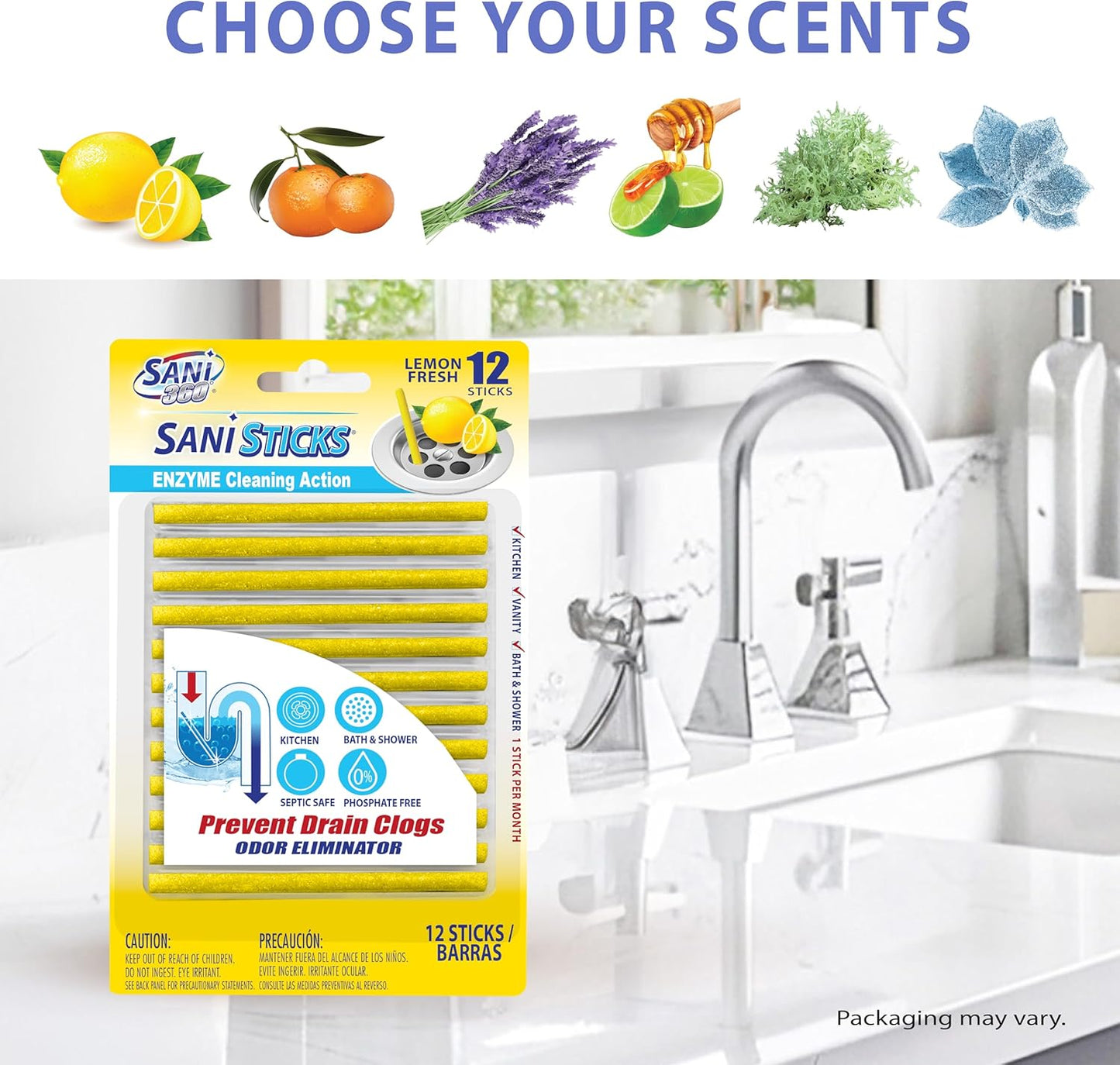 SANI 360° Sani Sticks Drain Cleaner and Deodorizer, 48 Count, Lemon Scent Enzyme Pipe Cleaners, Eliminate Odors, Prevent Clogged Drains, Safe for Sinks, Bathtub Drains, Septic Tanks