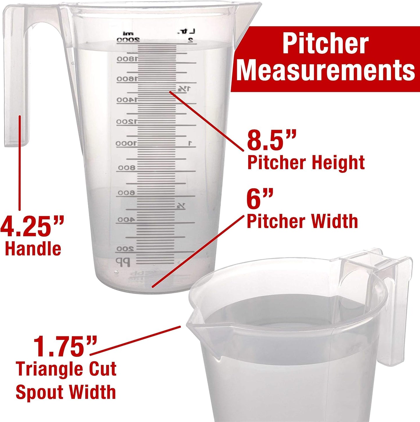 TCP Global 2 Liter (2000ml) Plastic Graduated Measuring and Mixing Pitcher (Pack of 4) - Holds Over 2 Quarts (64oz) - Pouring Cup, Measure & Mix Paint, Resin, Epoxy, Kitchen Cooking Baking Ingredients