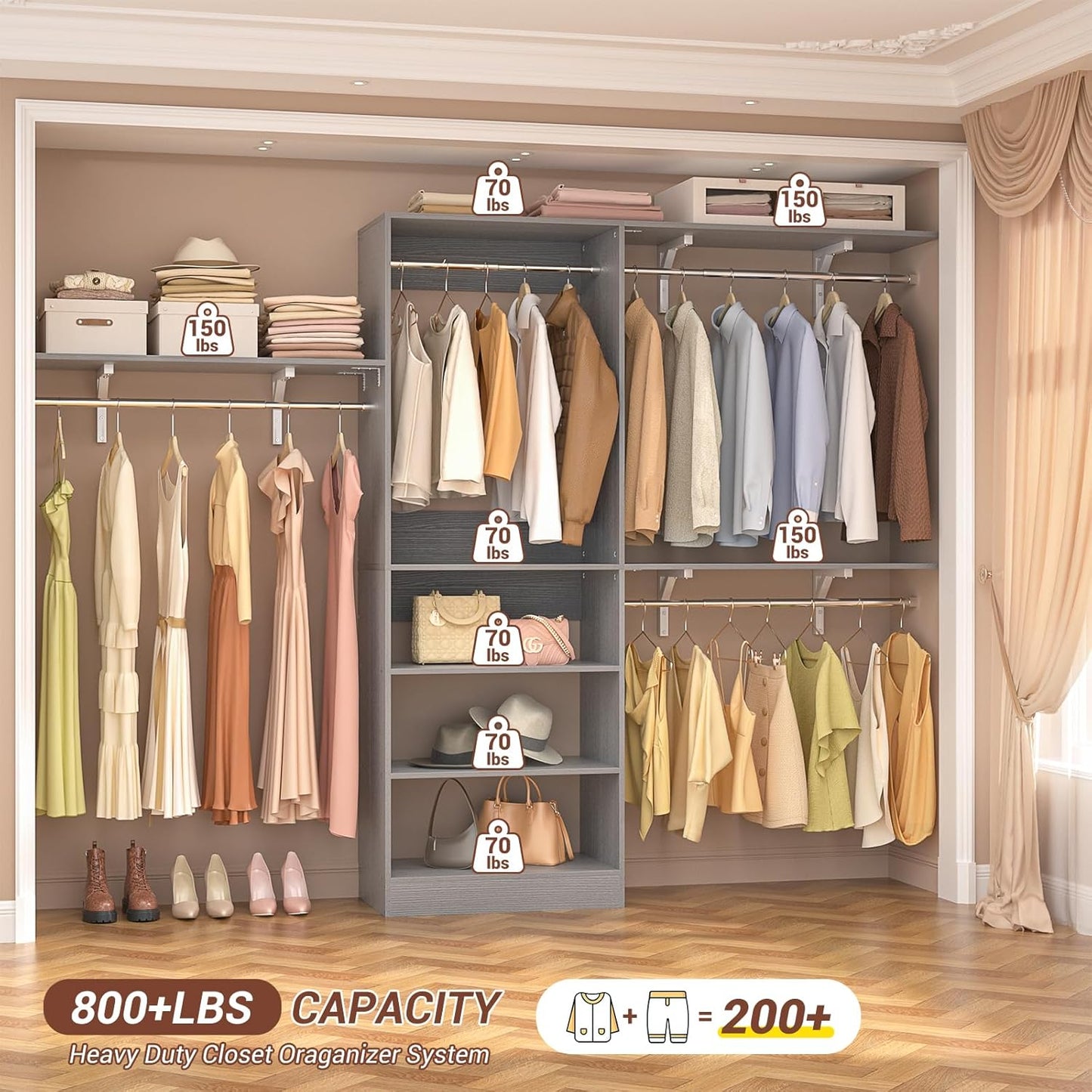 8FT Closet System with Shelves, 96'' Closet Organizer System with 3 Hanging Rods, Wall Mount Bedroom Wardrobe Walk-in Closet, Adjustable Cloth Garment Rack from 5 to 8FT (Cut to Fit), Grey