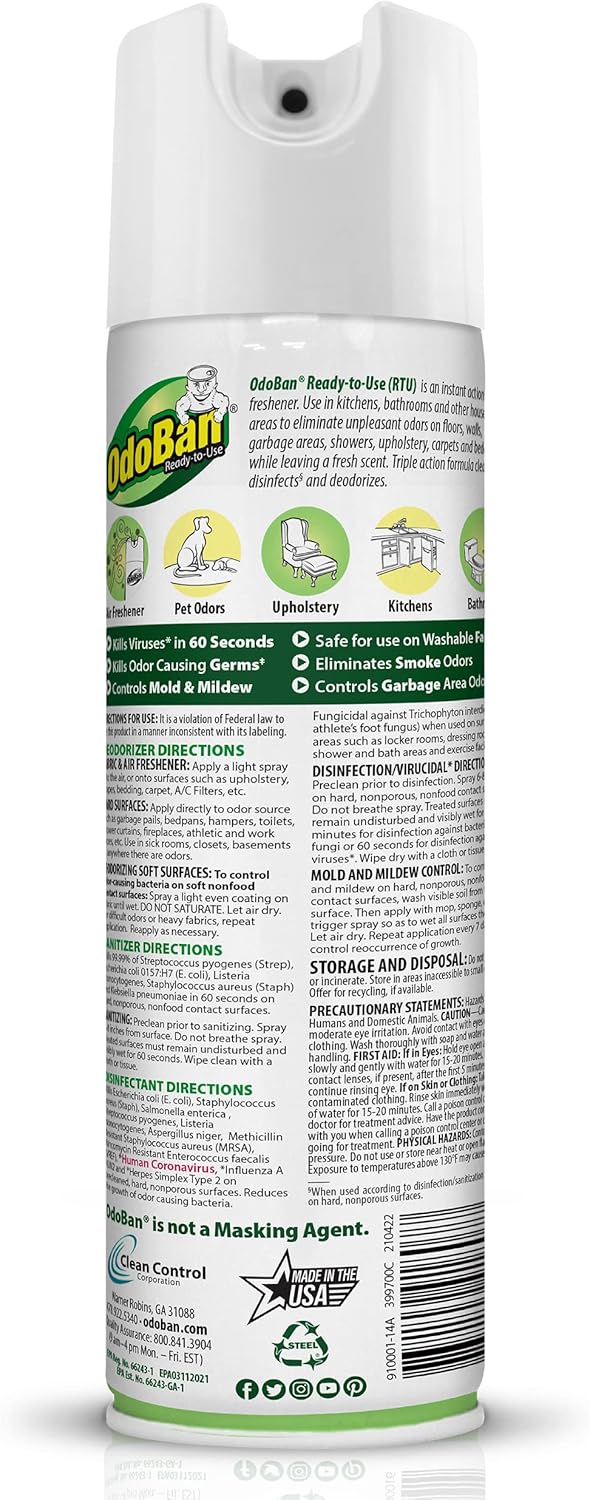 OdoBan Ready-to-Use 360-Degree Continuous Spray Disinfectant & Harsh Aroma Eliminator, Fabric and Air Freshener, Made in the USA, Original Eucalyptus Scent, 14.6 Ounces
