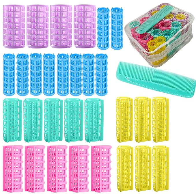 30Pcs Plastic Hair Rollers Set, Snap on Rollers Self Grip Hairdressing Curlers No Heat Rollers for Long Medium Short Thin Fine Hair with Mini Comb (5 Sizes)
