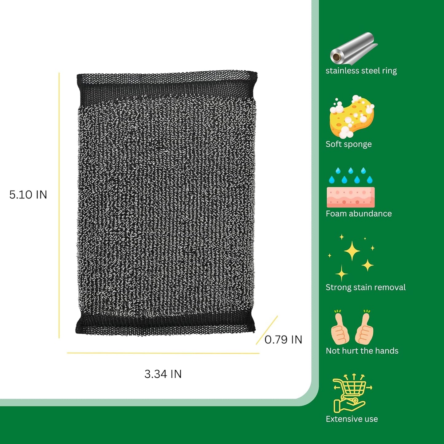 Steel Wool Scrub Sponges Kitchen, Reusable Dish Scrubber Sponge, for Pots, Pans, Gentle and Scratch Free - 6 Pack Black