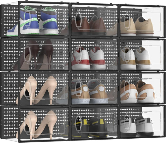 12 Pack X-Large Modular Clear Plastic Stackable Shoe Storage Organizer for Closet, Space Saving Versatile Sneaker Shoe Rack Containers Bins Holders, Portable Closet Organizers and Storage, Black02