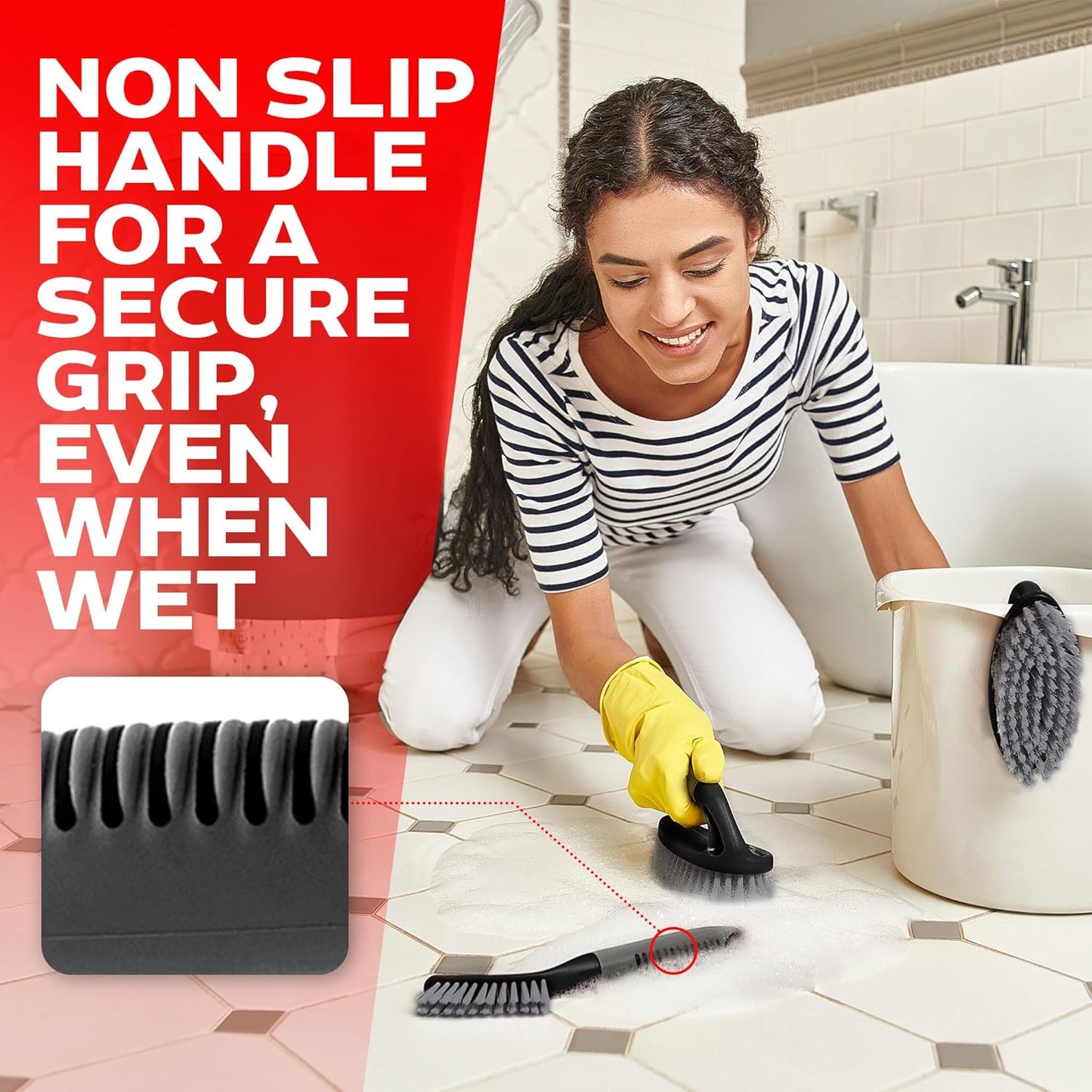 Scrub Brush Set of 6 pcs - Cleaning Shower Scrubbers with Squeegee for Shower Glass and Adhesive Wall Hooks Including Grout Cleaner Brush, Scrub Brushes for Cleaning Bathroom, Shower, Tile, Bathtub