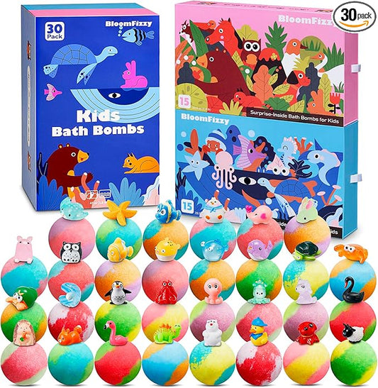 30 Kids Bath Bombs with Surprise Inside – Gift Set with 30 Unique Land & Sea Animal Toys, Fun, Educational, and Child-Safe Natural Bath Bombs with Toys, Great Gift for Kids’ Birthdays & Christmas