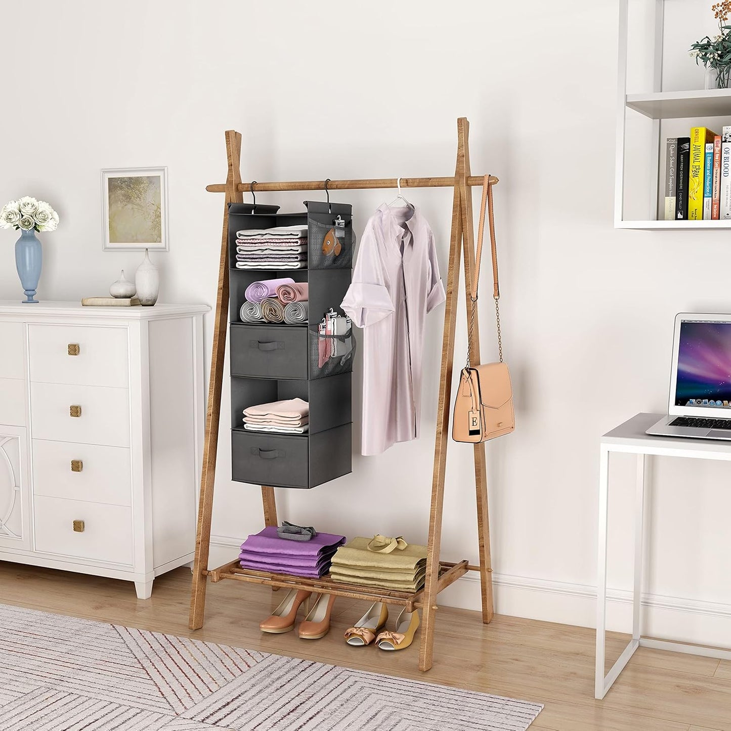 MAX Houser 5 Tier Shelf Hanging Closet Organizer, Cloth Hanging Shelf with 2 Sturdy Hooks for Storage, Foldable (Grey-D2)