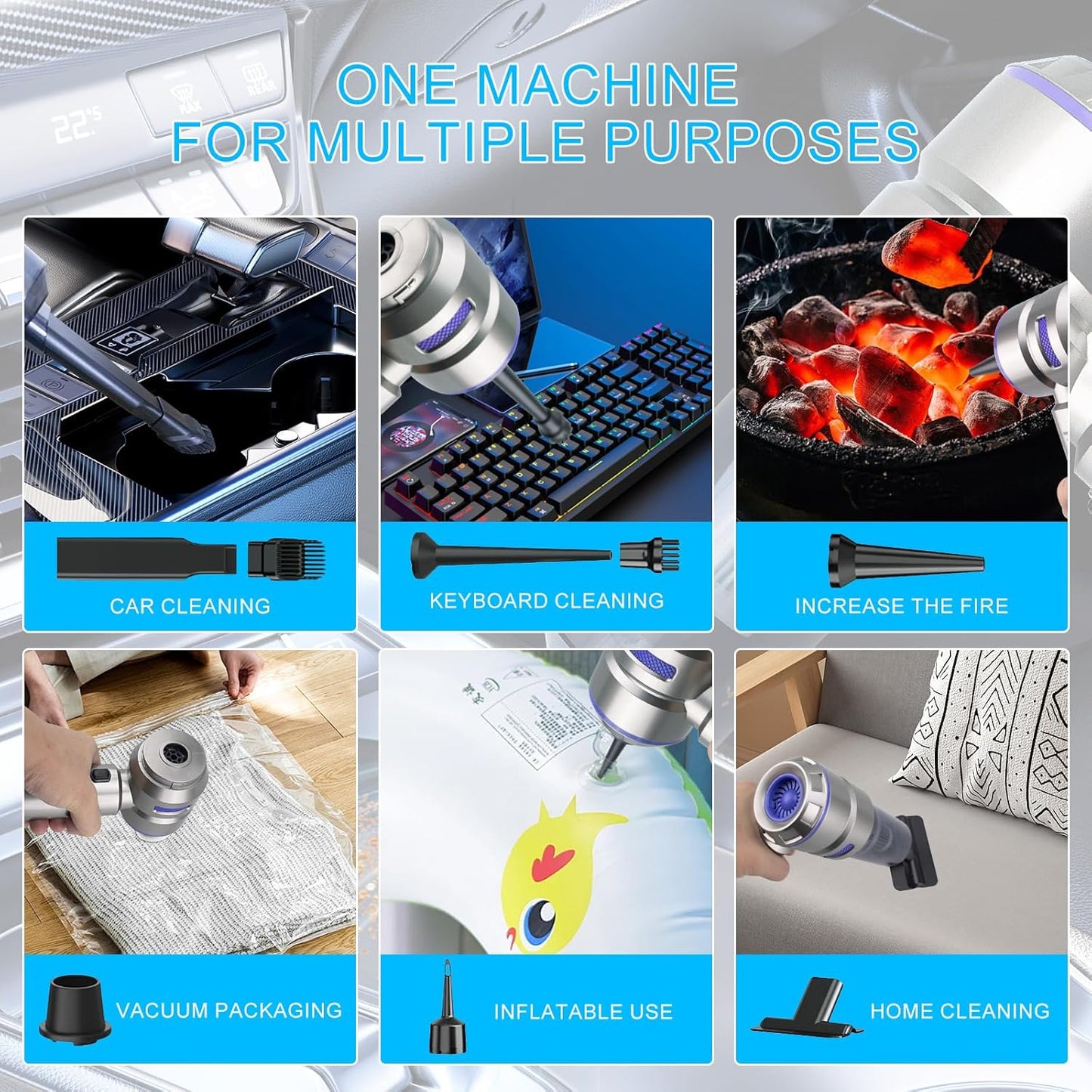 Car Vacuum Portable Cordless, 21000Pa Strong Suction Handheld Vacuum, 100W Auto Vac for Car Detailing, Home, RV Camping Use with 6000mAh Battery, Type-C Fast Charge & Blower Function