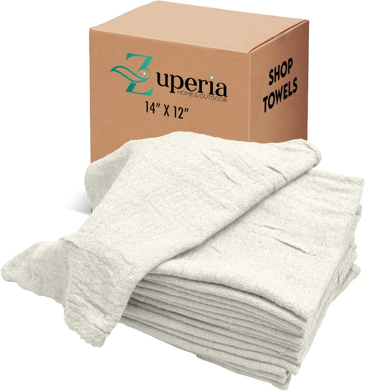 ZUPERIA Cotton Shop Towel – Multipurpose Cleaning Cloths (14" x 12" - Pack of 100 - White) Reusable Shop Rags for Automobiles, Industrial, Restaurants, Garage, and Homes