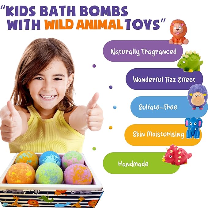 Bath Bombs for Kids with Toys Inside - Organic Bubble Bath Fizzies with Jungle Animal Toys. Gentle and Kids Friendly Spa Bath Balls, Bath Fizz Balls - Birthday Gifts for Toddlers, Boys, Girls