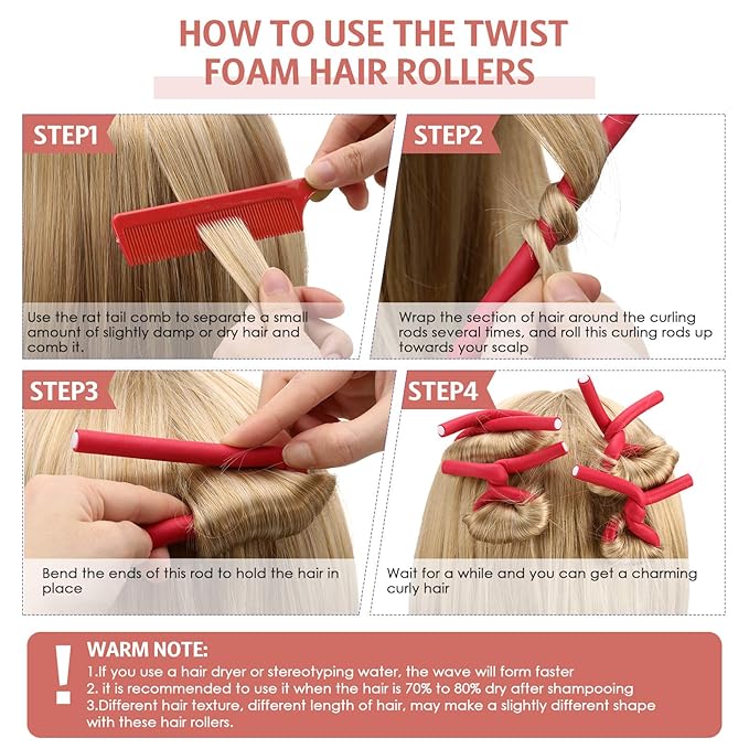 Syhood 30 Pcs Flexible Curling Rods 9.45 Twist Foam Rollers Soft Foam No Heat Hair Rods Rollers and 1 Steel Pintail Comb Rat Tail Comb for Women Long Short Hair(Red,9.45 x 0.3 Inch)