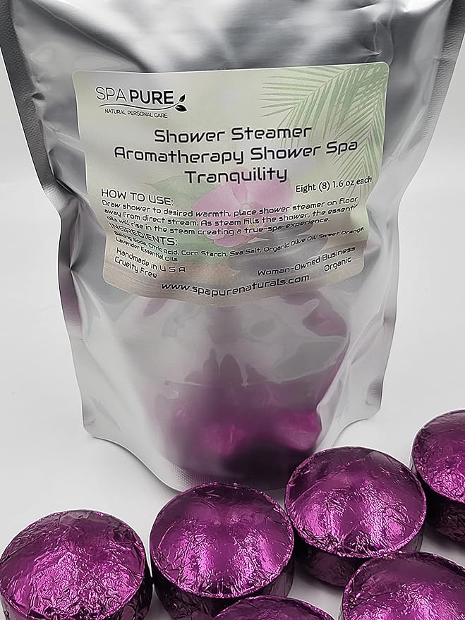Spa Pure TRANQUILITY Aromatherapy Shower Bombs made in USA with 100% Natural/Organic Essential Oils - Transform Your Shower - Transform Your Mood (8 Count) Pack of 1