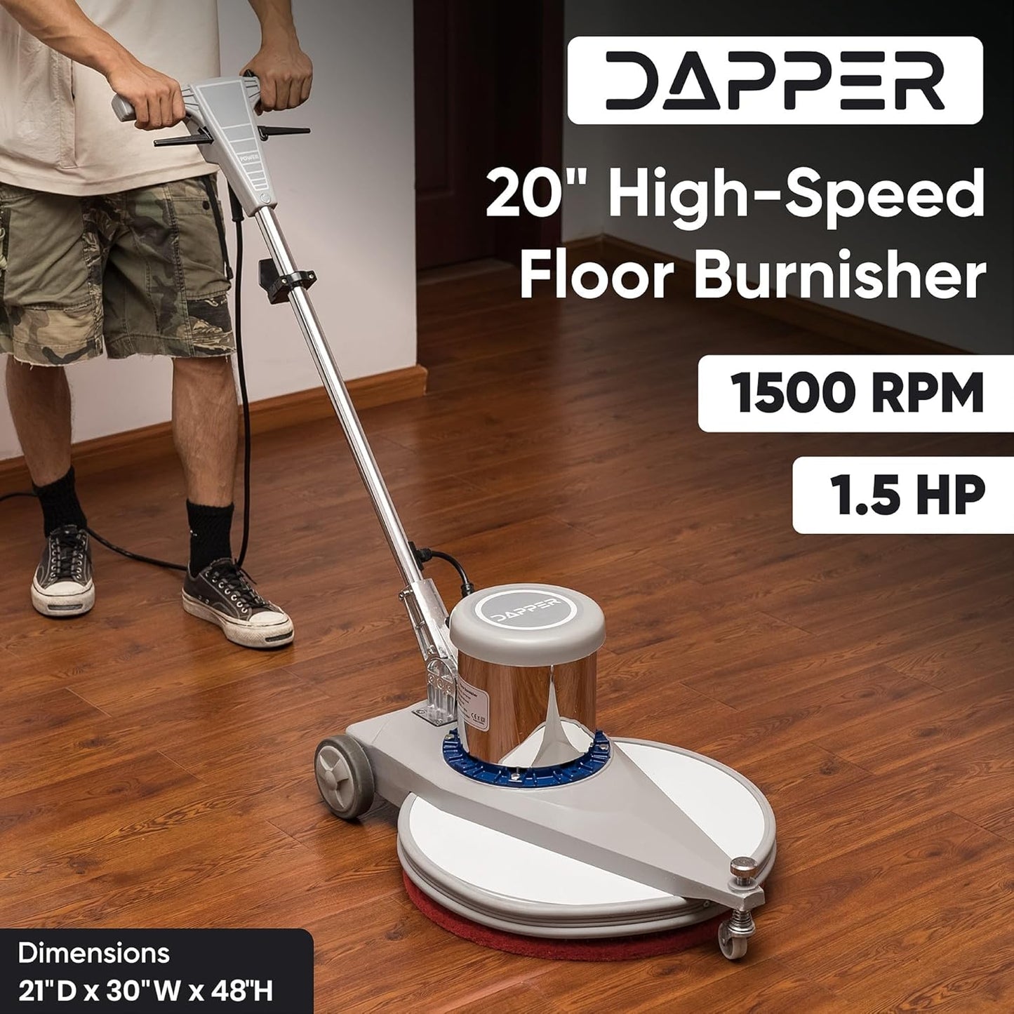 20" High-Speed Commercial Floor Burnisher, 1.5 HP, 1500 RPM, 40ft Cord, Rubber Bumper Guard, with Red, White & Black Pads for Cleaning, Polishing & Stripping