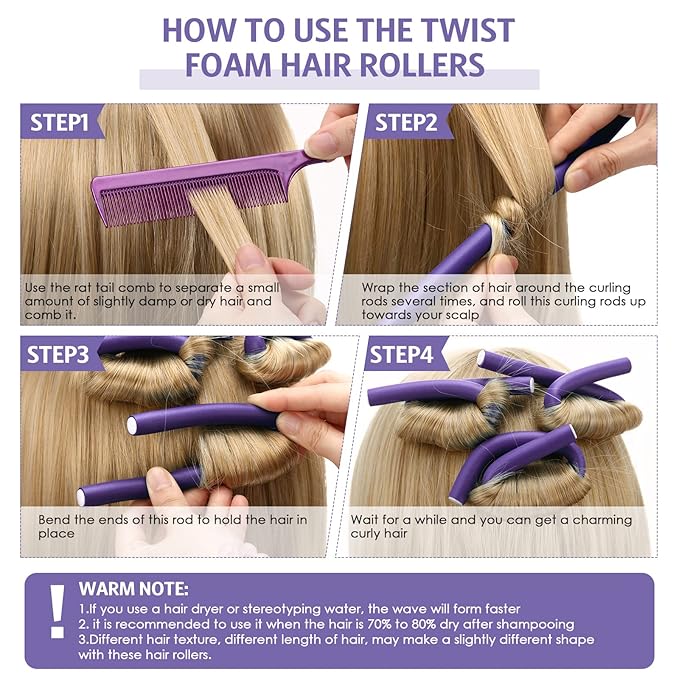 Syhood 30 Pcs Flexible Curling Rods 9.45 Twist Foam Rollers Soft Foam No Heat Hair Rods Rollers and 1 Steel Pintail Comb Rat Tail Comb for Women Long Short Hair(Purple,9.45 x 0.47 Inch)