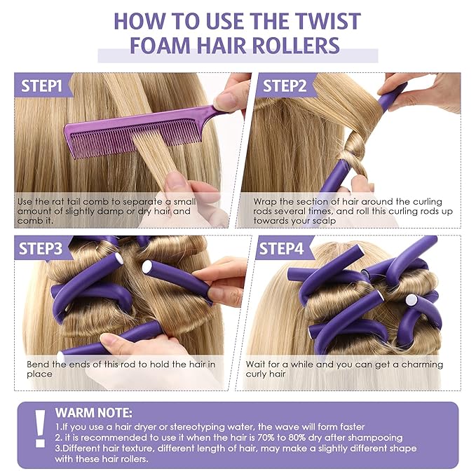 Chuangdi 20 Pcs Flexible Curling Rods Twist Foam Hair Rollers Soft Foam Hair Rods Rollers Curlers and Pintail Comb for Women Long and Short(0.31 x 9.4 Inch,Purple)