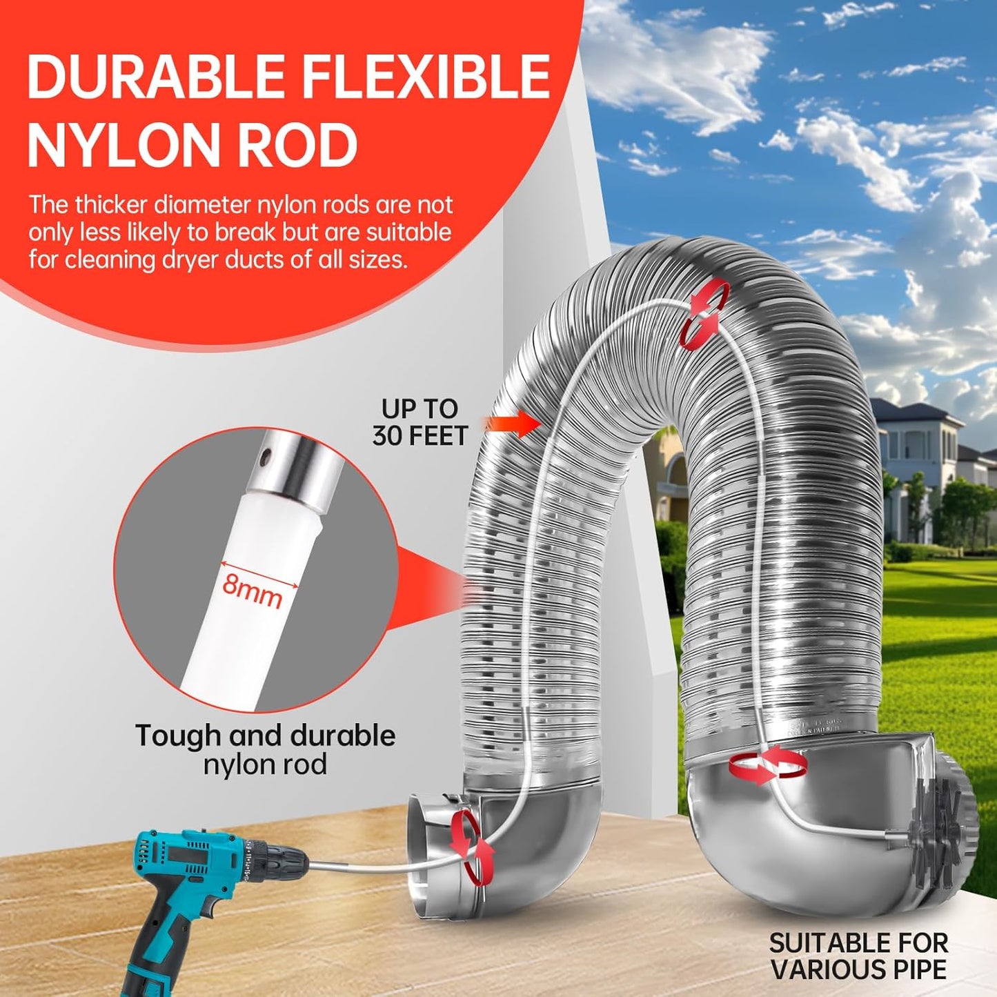 BLuesea Dryer Vent Cleaner Kit, 15-Piece Ultimate Dryer Cleaning Kit Include 30 Feet Dryer Vent Brush, Upgrade Noiseless Dryer Lint Vacuum Attachment, Lint Trap Brush, Vacuum & Dryer Adapters