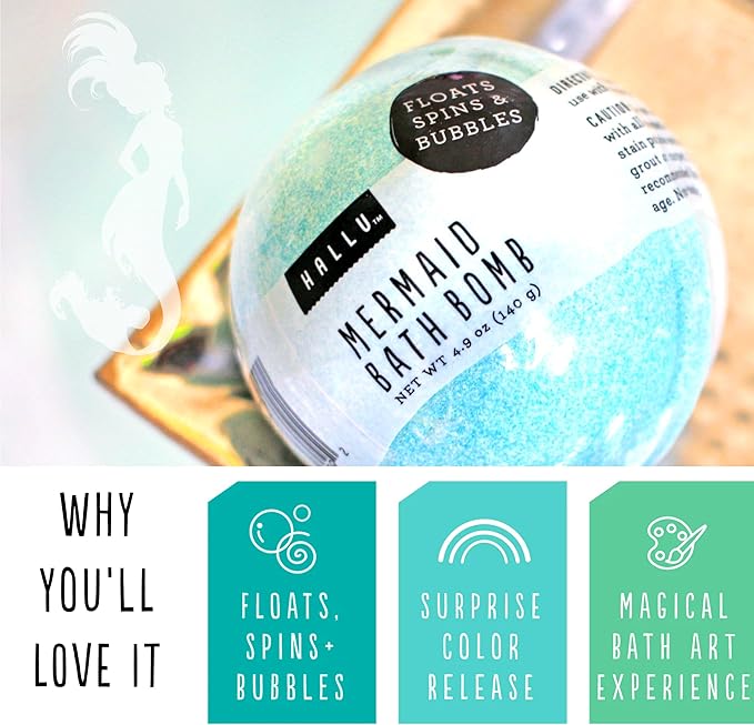 Hallu Mermaid Large Bath Bomb, Citrus Peony and Amber Scent, 140 g, Pack of 8
