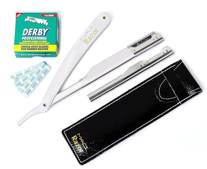 MACS PROFESSIONAL Barber Straight Edge Razor with Hi-Chromium Derby 100 Count Blades - Made of Platinum Stainless Steel -With Easy Blades Replacement Mechanism -Macs-093B1 (White Razor W100 B)