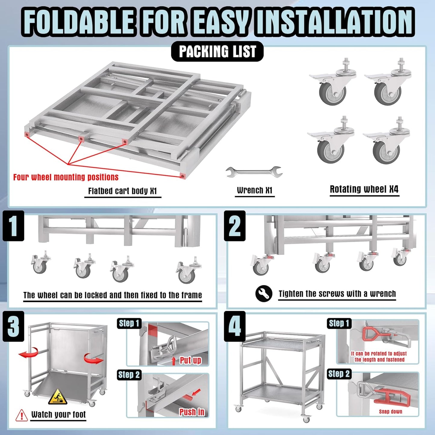 2 Shelf Rolling Cart with Wheels, 660lbs Capacity Collapsible Steel Rolling Utility Cart, Heavy-Duty Foldable Workbench, Metal Rolling Storage Cart with Handle for Groceries, Warehouse (36" Lx26 W)