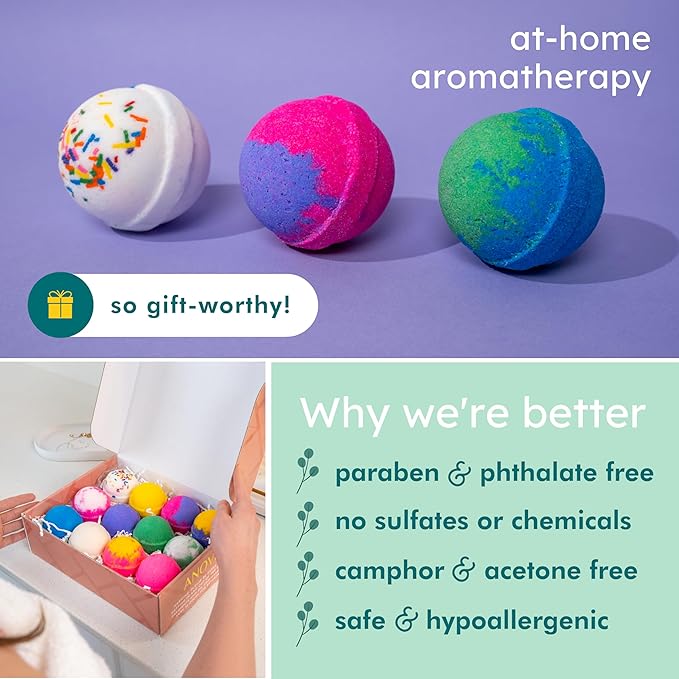 Anovina 12XL Bath Bombs for Women & Kids, Spa Gifts with Essential Oils, Relaxation & Stress Relief, Aromatherapy Bath Products, Made in USA Gift Set, Natural Scented Bath Bombs for Men - 12 Pack