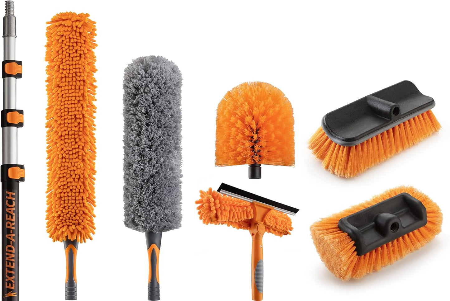 20 Foot High Ceiling Duster Kit and Scrub Brush with 4-12 ft Extension Pole // Telescoping Duster, Window Squeegee and Cobweb Duster with Extension Pole // Interior and Exterior House Cleaning Brushes