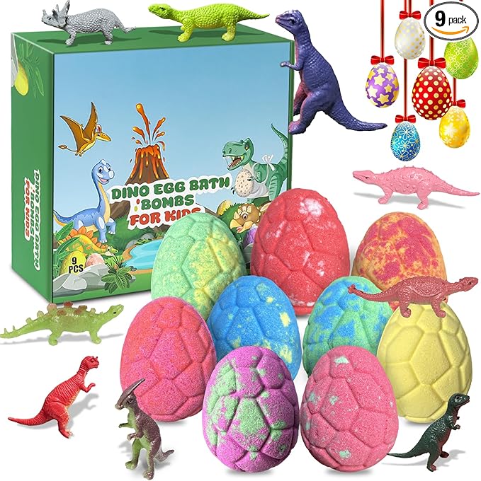 9 Pack Natural and Organic Dinosaur Bath Bombs Bubble Bath Gift Set, Bath Bombs for Kids with Dinosaur Toys Inside, Perfect Birthday Gifts for Kids (9pcs, 90g
