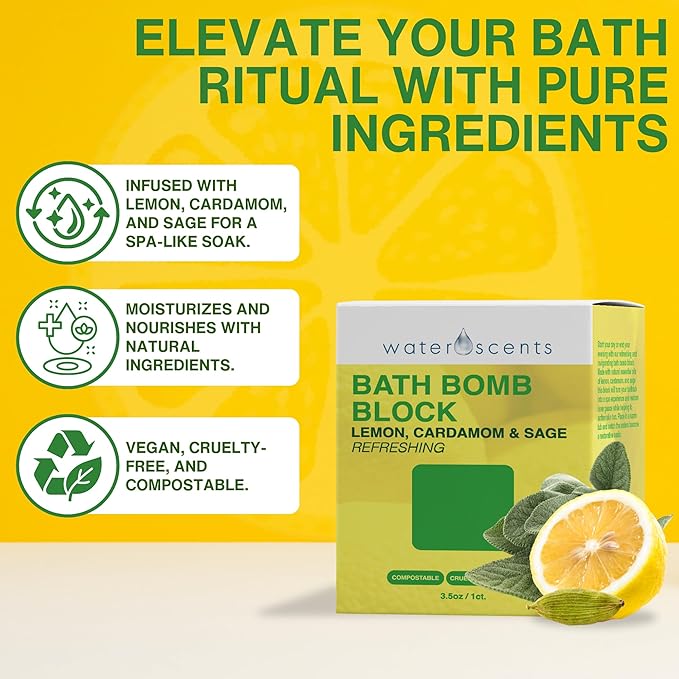 Water Scents Purity Bath Bomb Block | Vegan, Natural & Cruelty-Free | Aromatherapy Bath Soak with Lemon, Cardamom & Clary Sage | Moisturizing & Skin-Softening, Handmade in USA – 3.5 oz (6pks)