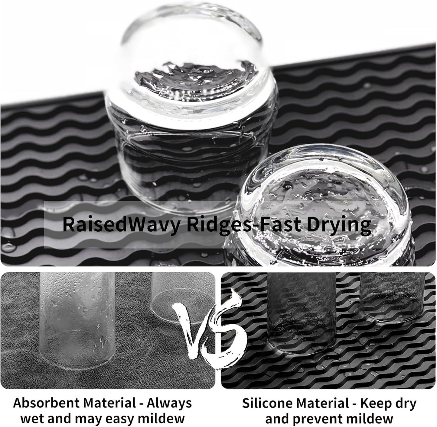 ZLR Silicone Dish Drying Mat for Kitchen Counter, Eco-Friendly Fast Dry Dish Mat, Easy Clean Multi Usage Drying Matt, Heat Resistant Trivet, 12" x 16" Large, Black