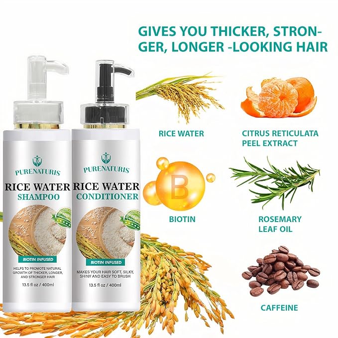 PureNaturis Rosemary Rice Water Shampoo Conditioner & leave-in Spray for Hair Growth Repair System Kit, w/Rosemary, Biotin, Caffeine, Sulfate Free Routine Shampoo for Women Men Hair Loss Thickening