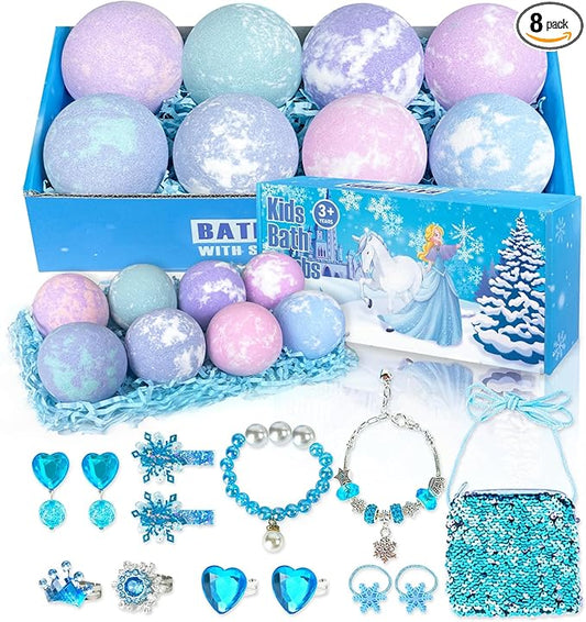 Bath Bombs for Kids with Surprise Inside, 8 Pack Bath Bombs with Frozen Toys, Princess Jewelry & Cross-Body Bag, Natural Fizzy Bubble Bath Balls with Jewelry Set, Christmas Birthday Gift for Girls