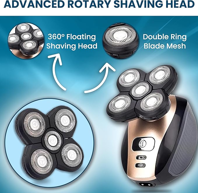 5-in-1 Rotary Electric Razor Bald Head Shaver | 4D Rechargeable and Cordless Beard Trimmer | Includes Skull Shaver, Clippers, Nose Hair Trimmer, Face Scrubber & Facial Cleansing Brush