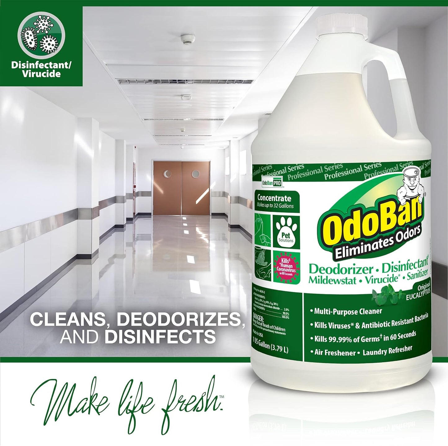 OdoBan Professional Disinfectant and Odor Eliminator Concentrate, 6-Pack, 1 Gallon Each, Original Eucalyptus Scent