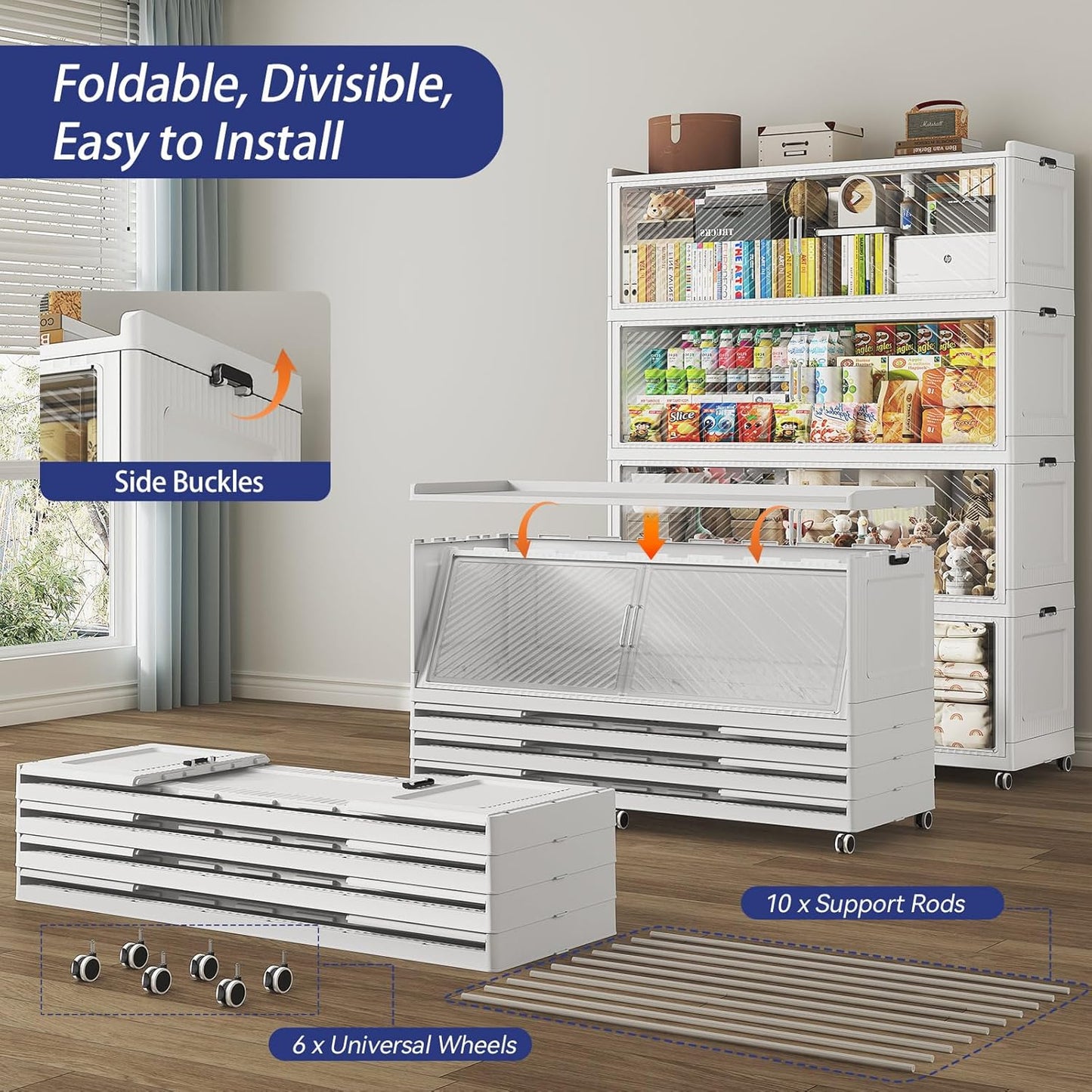 320 Gallon Extra Large Collapsible Storage Bin with Lid, 1280QT Stackable Plastic Organizer with 6x Wheels, Foldable Drawer Cabinet for Closet, Living Room Office Dorm 4Pack, White