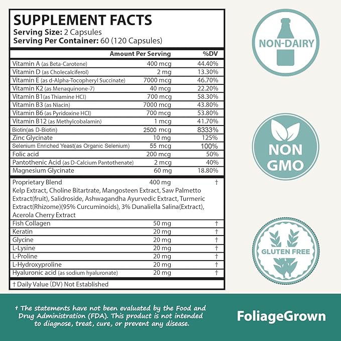 Hair Growth Supplements,Visibly Thicker Hair,Hair Growth Vitamins for Women and Men - 2 Month Supply(120 Capsules), White