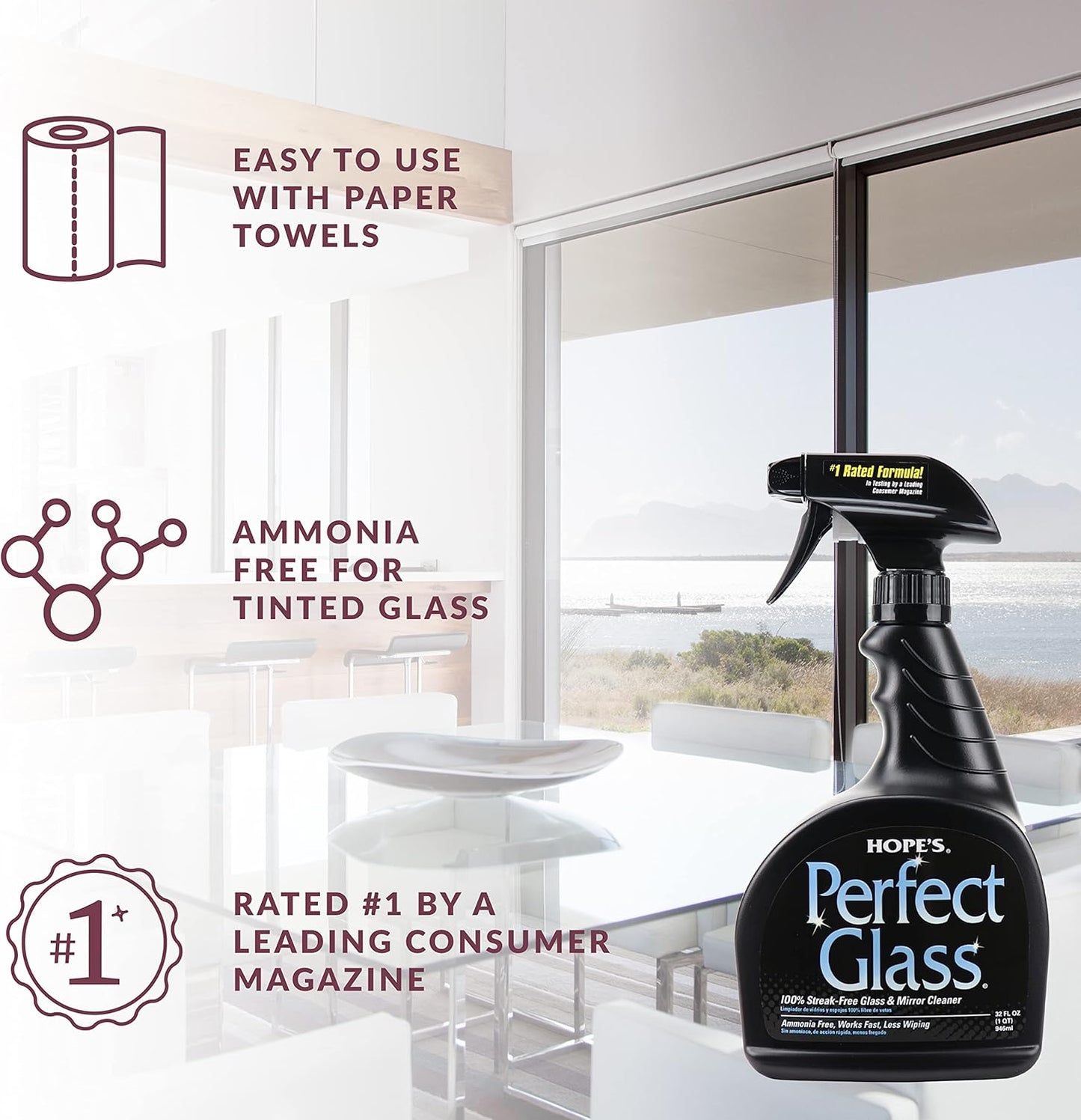 HOPE'S Perfect Glass Cleaner Spray, Streak-Free, Ammonia-Free Window, Mirror, Screen, Tinted Glass, and Shower Door Cleaner, Indoor and Outdoor Glass Surfaces, 32 Fl Oz, Pack of 12