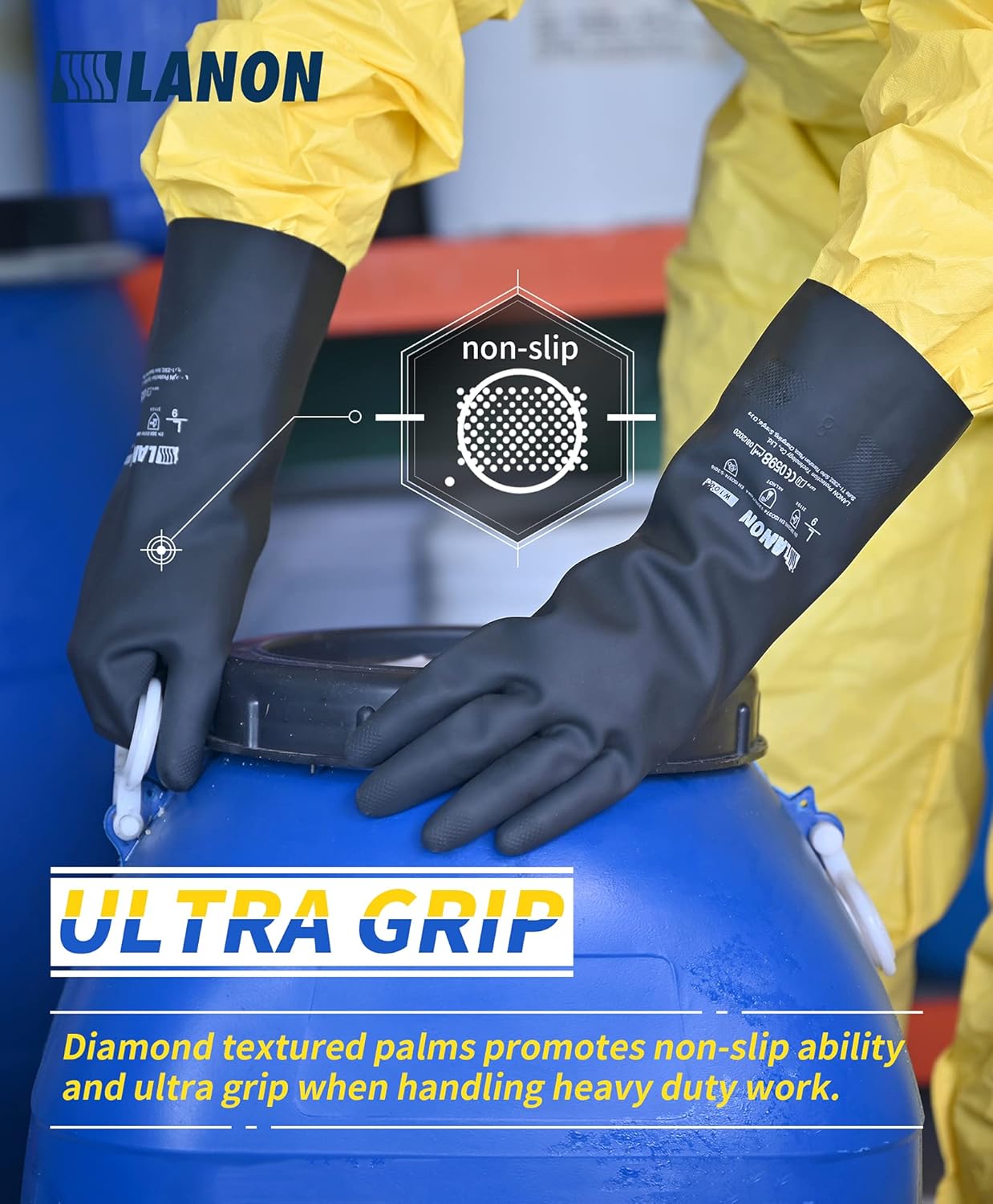 LANON Rubber Chemical Resistant Gloves, Reusable Heavy-duty Safety Work Gloves, Acid & Alkali Protection, Non-Slip, XX Large