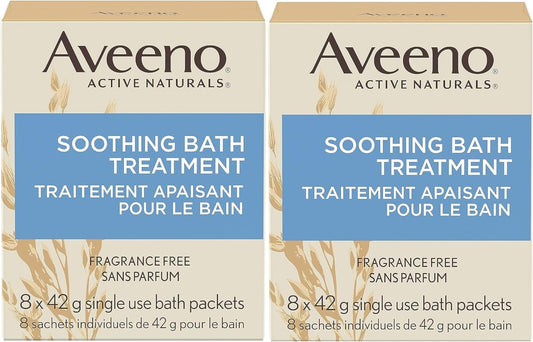 Aveeno Fragrance Free Soothing Bath Treatment, 100% Natural Colloidal Oatmeal, Sensitive Skin Bath Soak for Relief of Dry, Itchy, Irritated Skin Due to Eczema & Hives, Bath Packets, 8 ct. (Pack of 2)