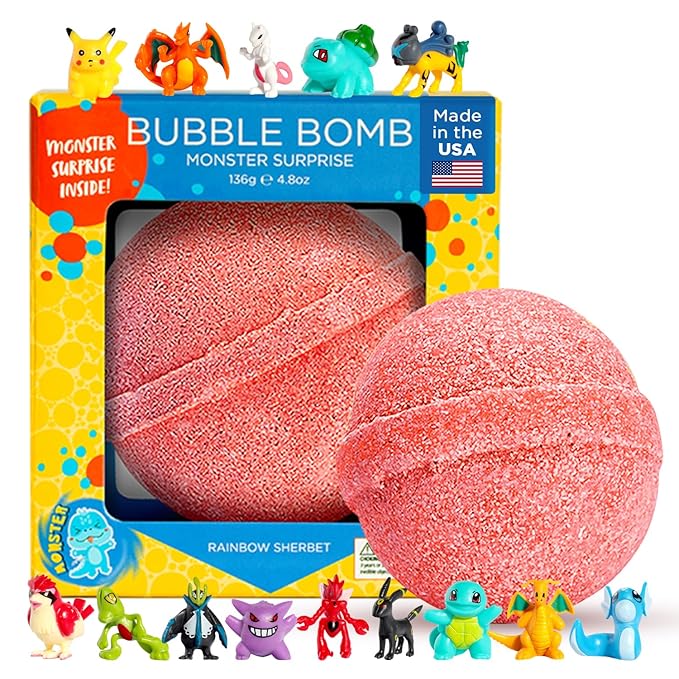 Poke Monster Bath Bomb for Kids with Surprise Toys Inside (Gift Set) - Large Bubble Bath Bombs for Boys & Girls - Skin-Safe, Made in USA, Birthday Gift & Boo Basket Stuffer by Two Sisters