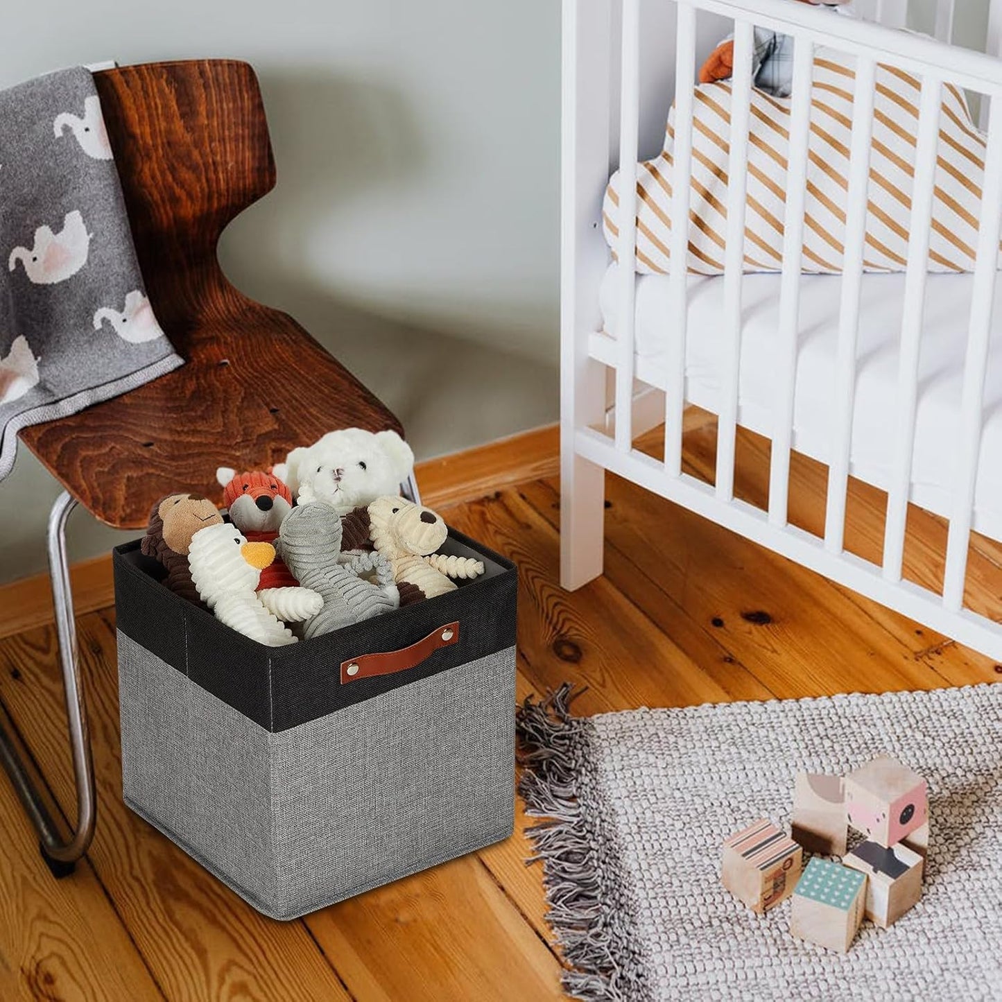 HNZIGE Storage Baskets for Organizing, Set of 4, Square Fabric Storage Cubes Bins 13 x 13, Collapsible Black Storage Bins for Shelves, Closets, Nursery, Home, Office (Black&Grey)