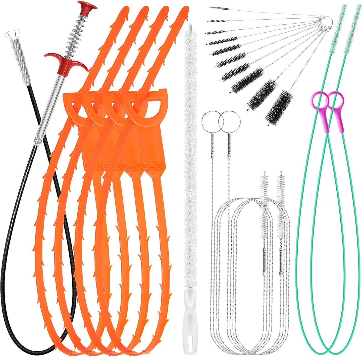 20PCS Drain Clog Remover Tool Set – 59” Drain Snake (2), 37” Snake Drain Hair Removal Tool (2), 25” Plumbing Snake (4), 24” Sink Snake (1), 18” Sink Drain Cleaner Tool (1), Straw Cleaning Brushes (10)