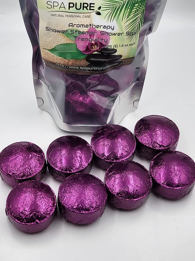 Spa Pure TRANQUILITY Aromatherapy Shower Bombs made in USA with 100% Natural/Organic Essential Oils - Transform Your Shower - Transform Your Mood (8 Count) Pack of 1