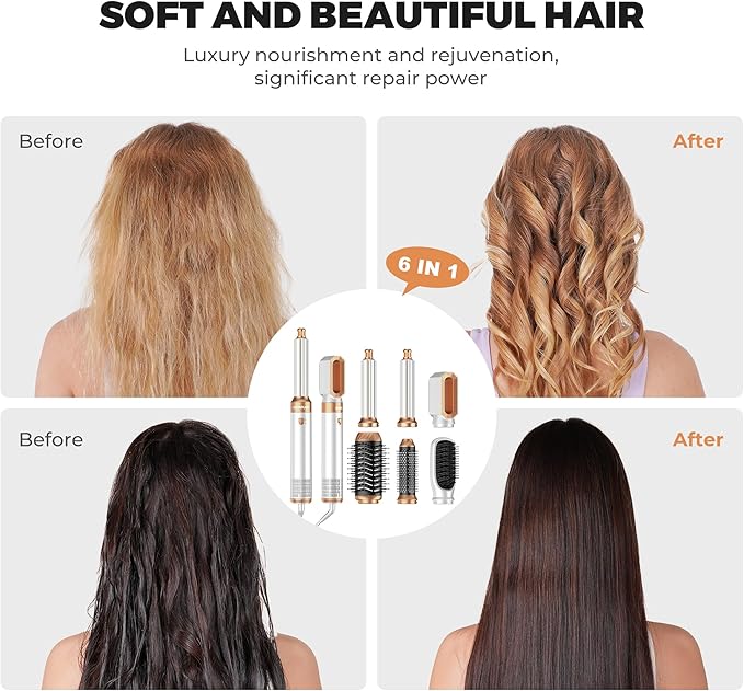 Hair Dryer Brush,6 in 1 Professional Hot Air Styler,Powerful Air Curling Wrap Styler,Negative Ionic Hair Dryer Fast Drying, Multi Hair Stylerfor Curling Volumizing Straightening Styling