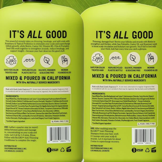 California Naturals Re:GRO Shampoo and Conditioner Set, Anti-Thinning & Hair Growth Support, All Hair Types, Vegan, Natural, Cruelty Free, Silicone, Paraben & Sulfate Free for Women & Men, 16.5 oz