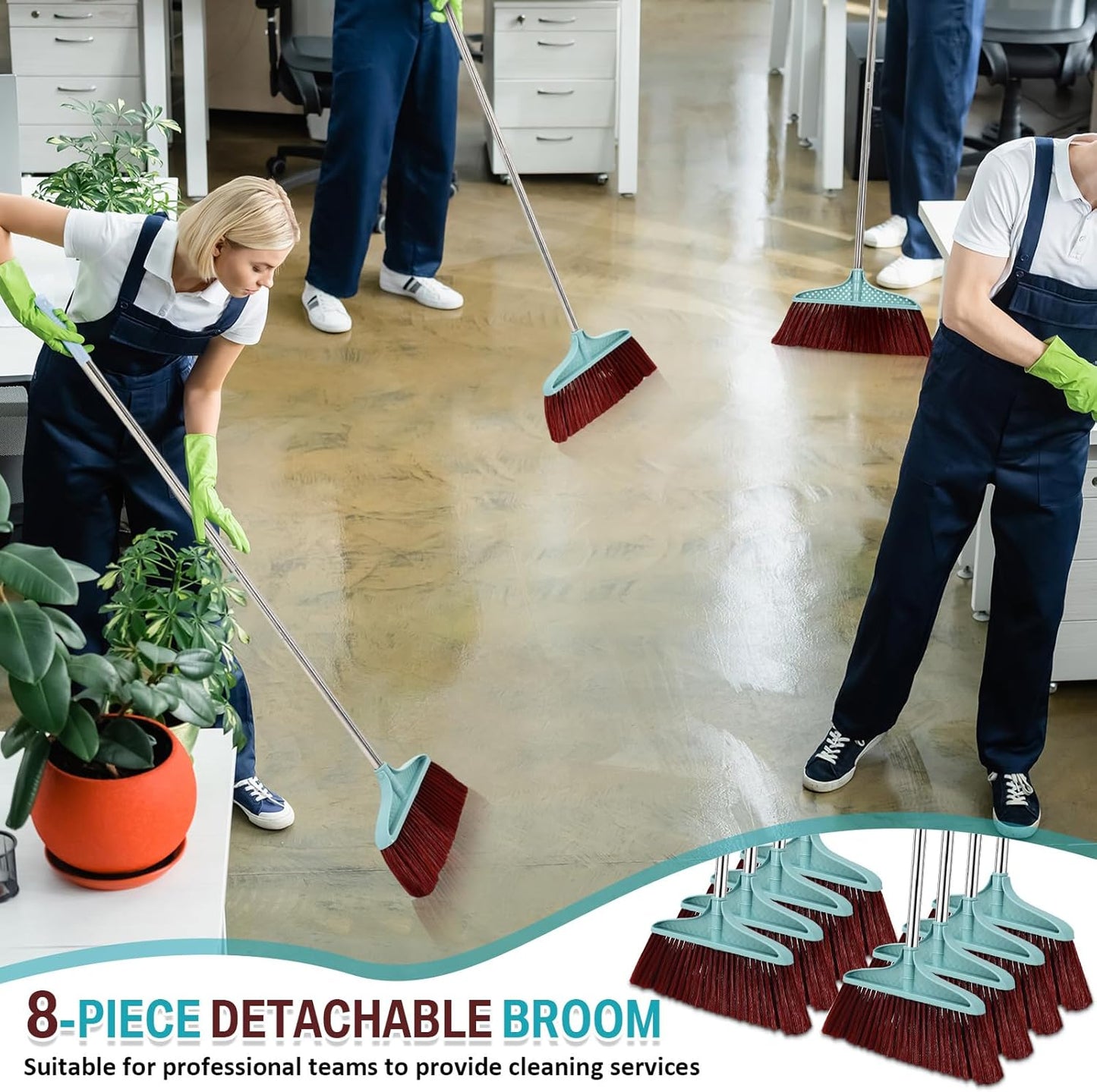 Lasnten 8 Pcs Heavy Duty Broom Commercial Set 49" Stainless Steel Detachable Handle Indoor and Outdoor Floor Brooms for Home, Garage, Kitchen, Office, Patio Cleaning, Warehouse